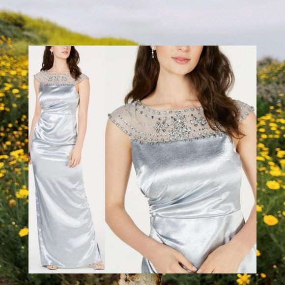 $299 NWT ADRIANNA PAPELL Women's Silver Maxi Dress 4 SMALL Mesh Beaded Ruched - Picture 3 of 12